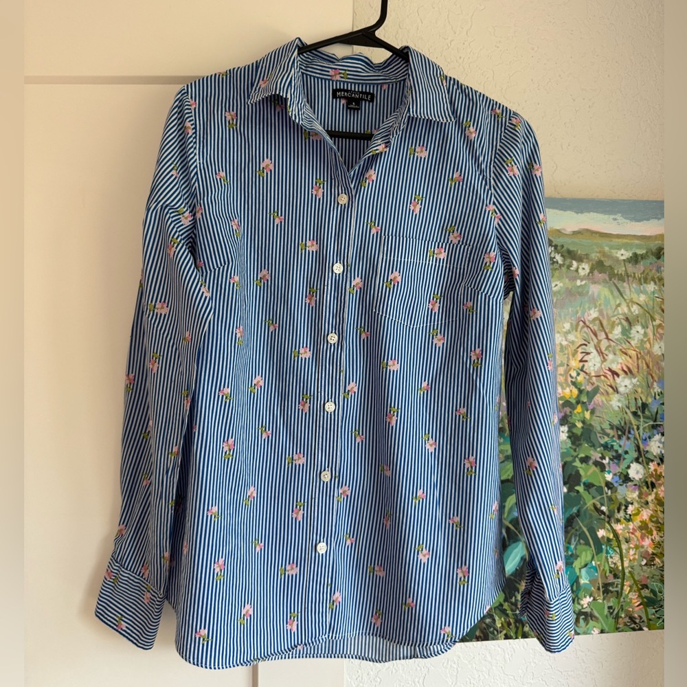 J Crew Mercantile Womens Blue White Striped Floral Button Up S NWT